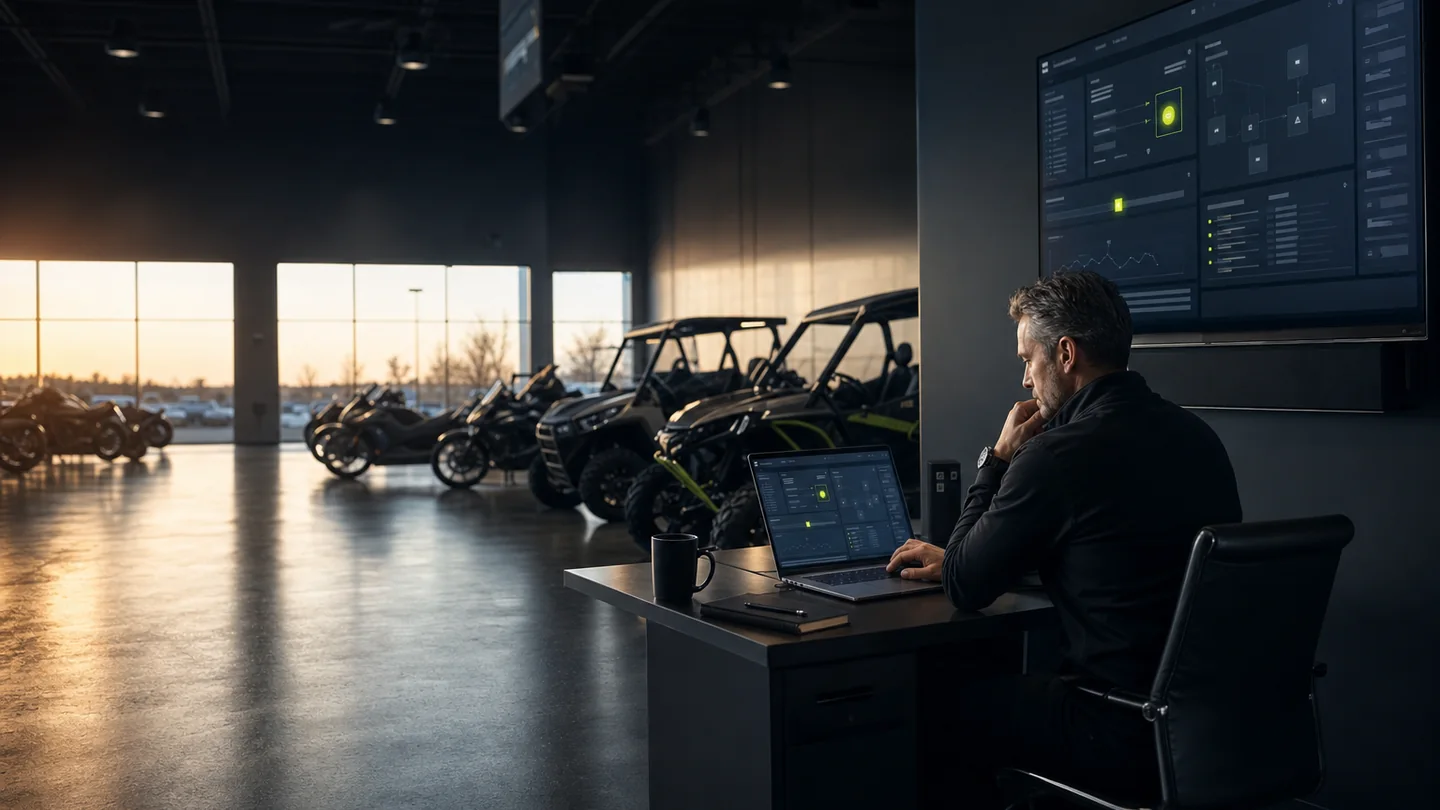 A dealership marketing operator reviewing live performance systems from the showroom