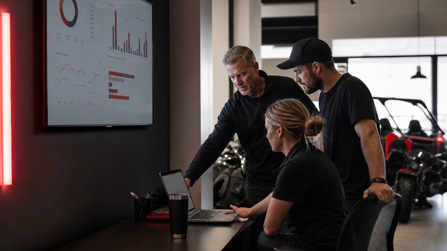 Dealership team reviewing lead-flow performance together