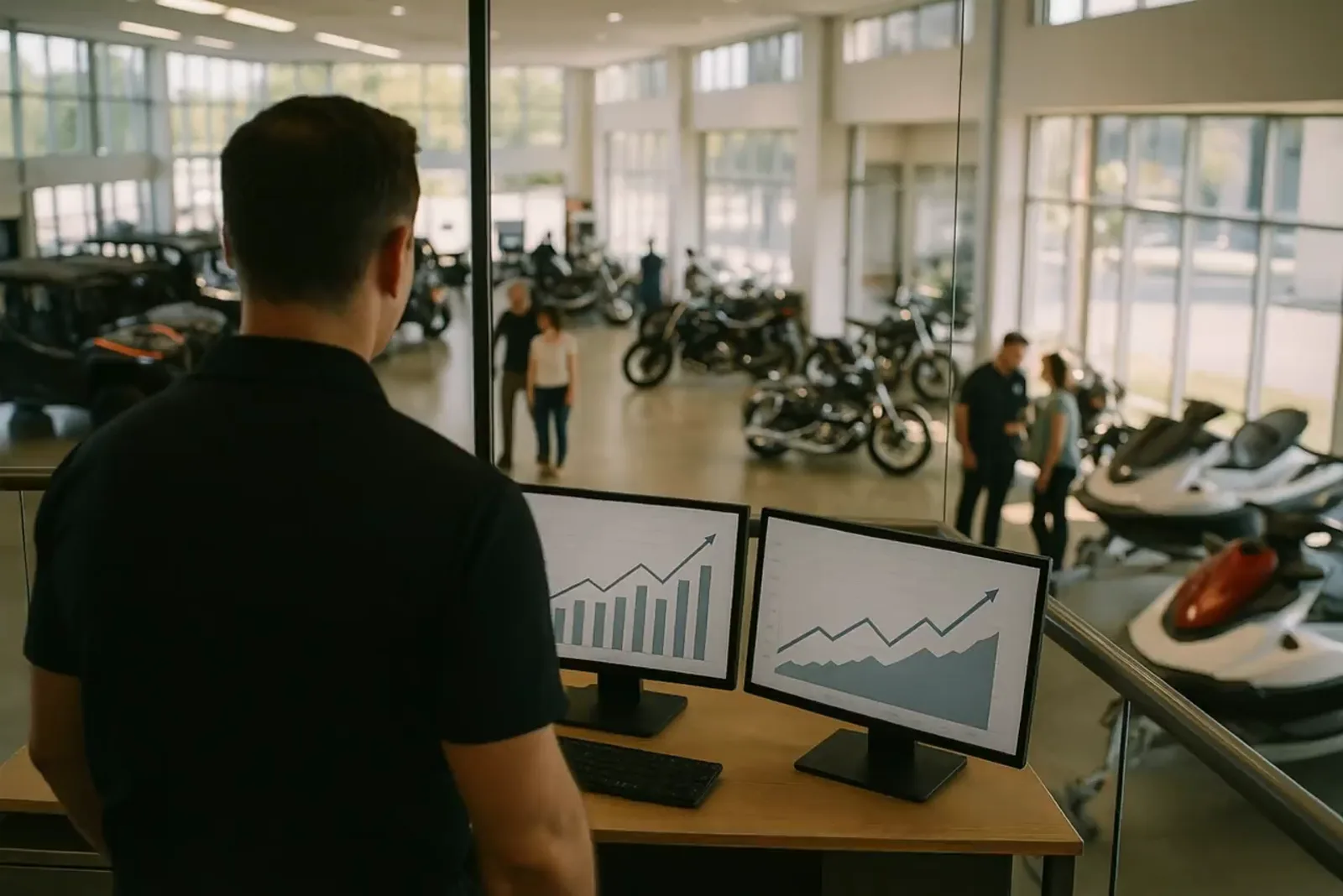 A dealership general manager reviewing performance dashboards at his desk, his showroom floor visible behind him