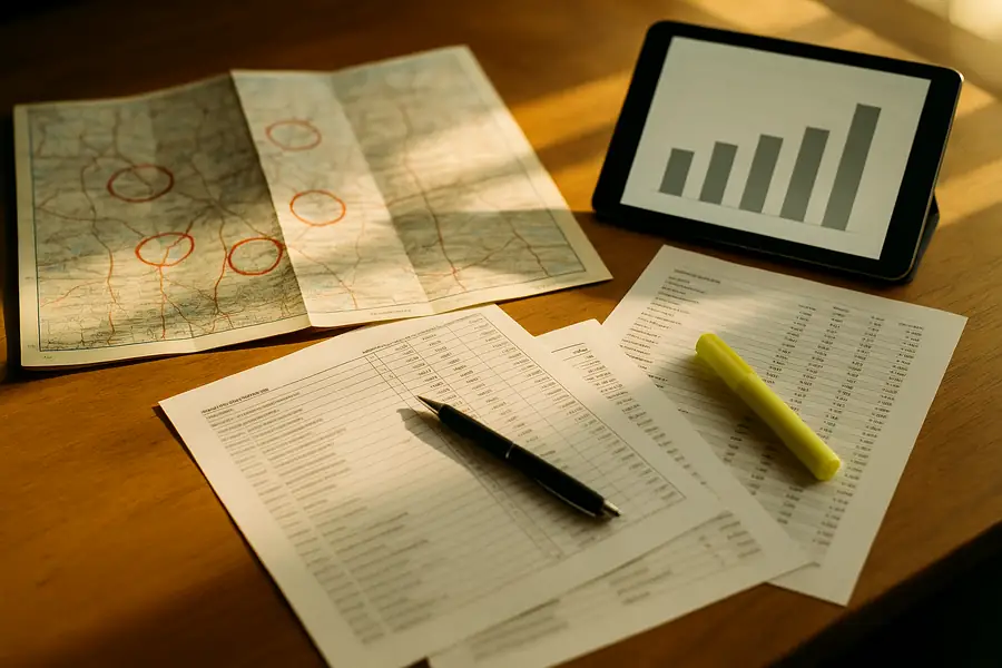 A marked-up map, competitor listings and a market chart on a desk