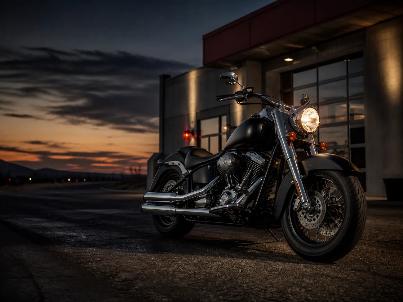 Unbranded American V-twin cruiser outside a dealership at dusk