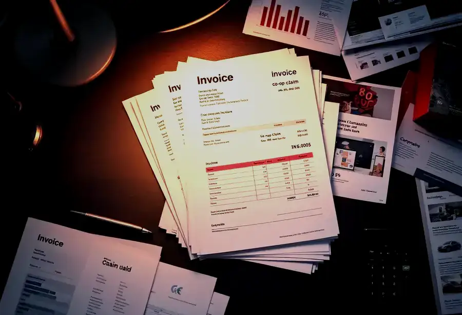 Co-op claim paperwork, ad proofs and invoices laid out on a desk