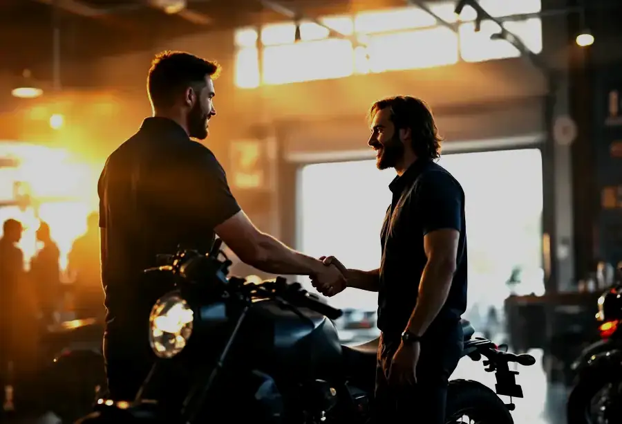 A salesperson in a dealership polo shaking hands with a customer beside a new motorcycle