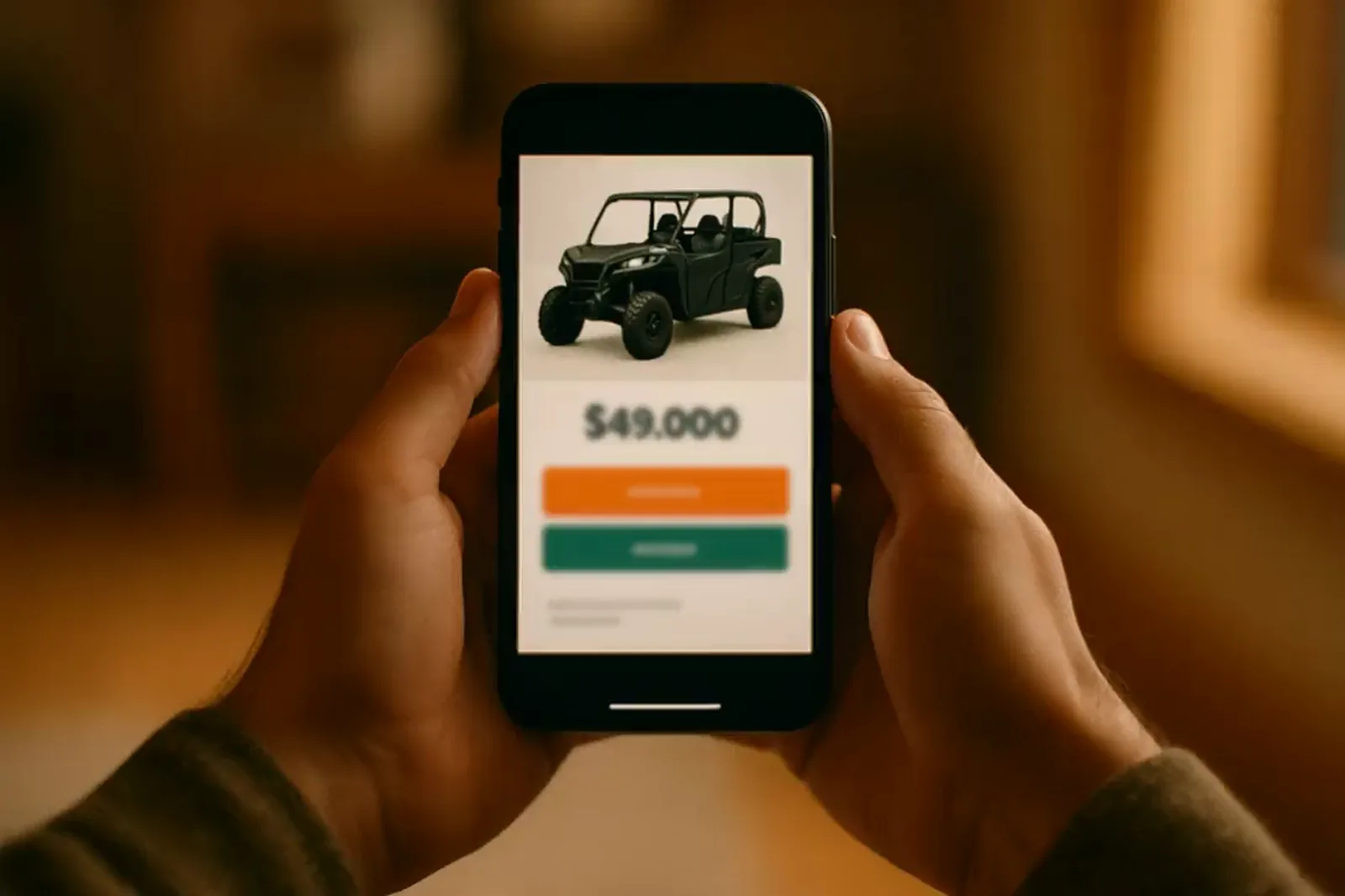 First-person view of a shopper holding a phone showing a side-by-side listing and its price