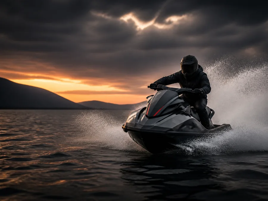 Unbranded personal watercraft carving across open water at sunset
