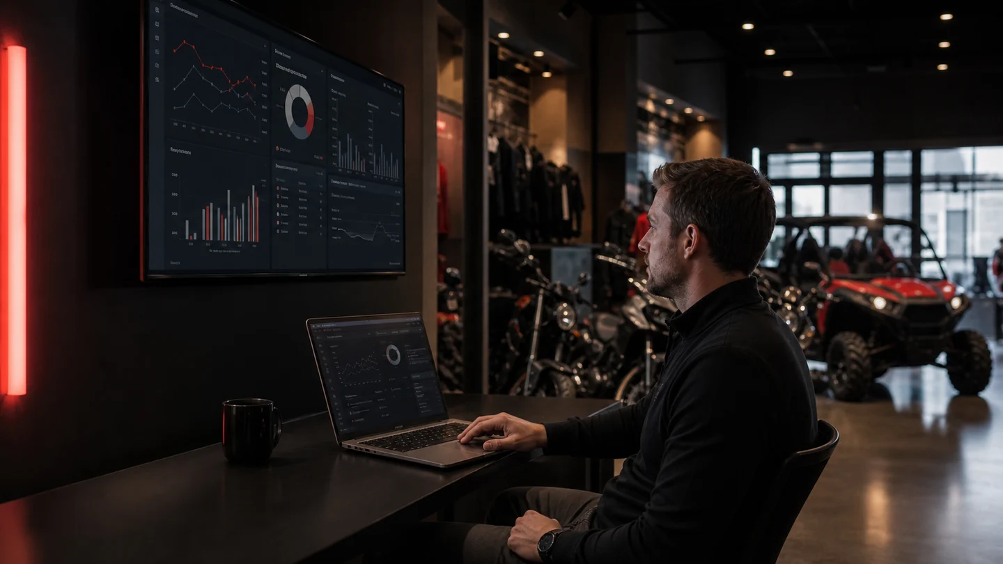Operator supervising dealership marketing automation from a showroom workstation