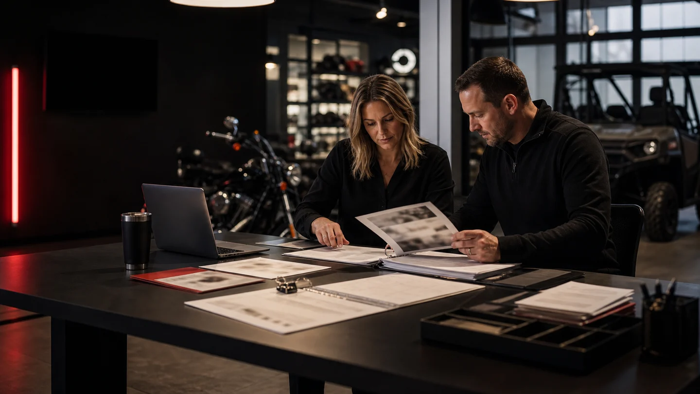 Dealership marketing team assembling an OEM co-op claim packet