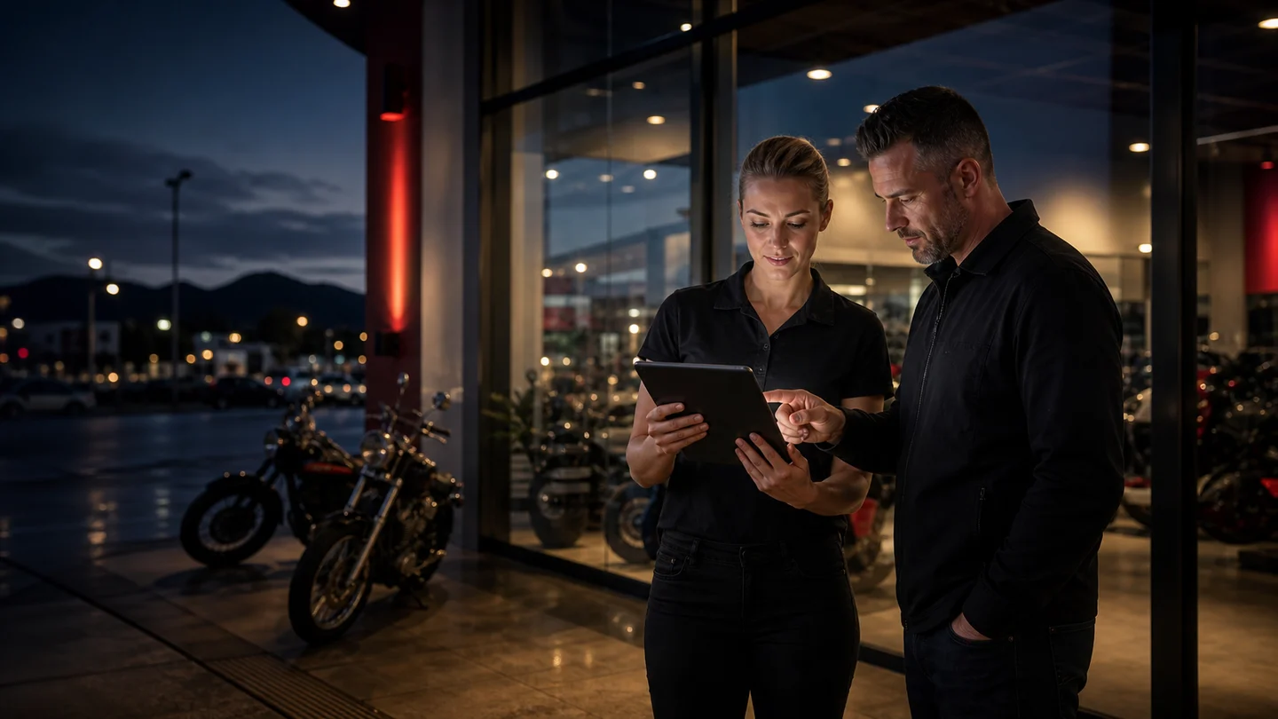 Dealership team reviewing local search visibility near a showroom entrance