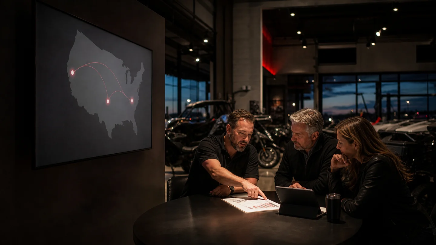 Dealership leaders coordinating a shared operating report across multiple rooftops