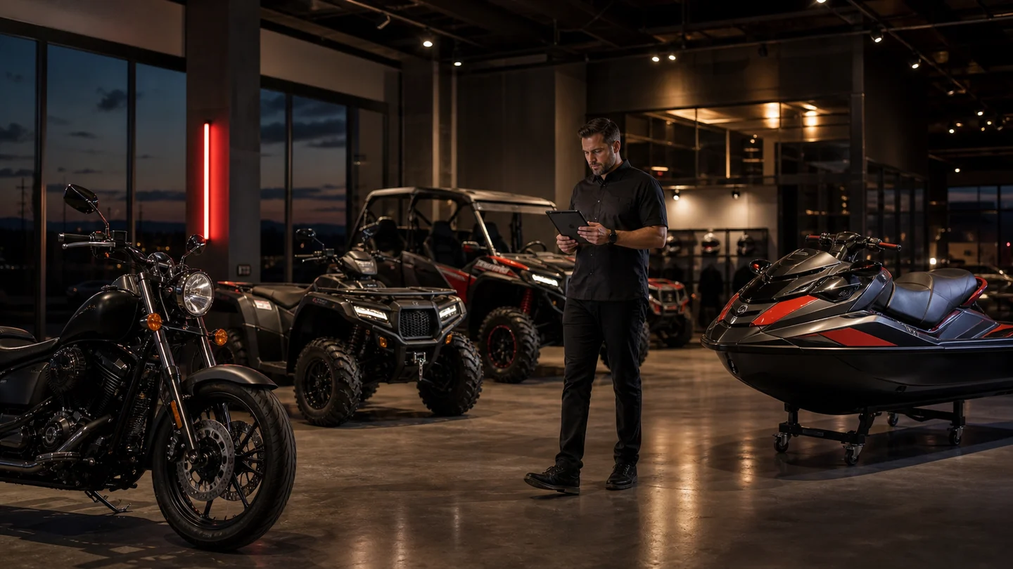 Marketing operator reviewing varied powersports inventory in a dealership showroom