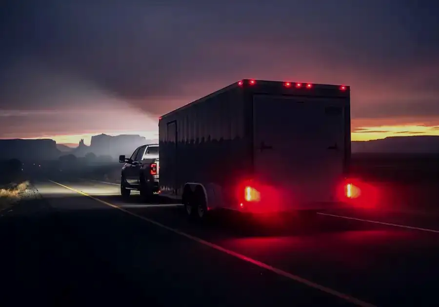 Enclosed cargo trailer hitched to a pickup at dusk