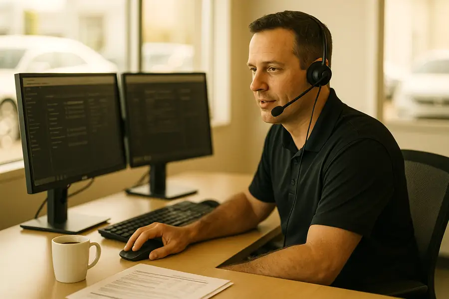 A dealership marketing manager on a headset working through vendor settings